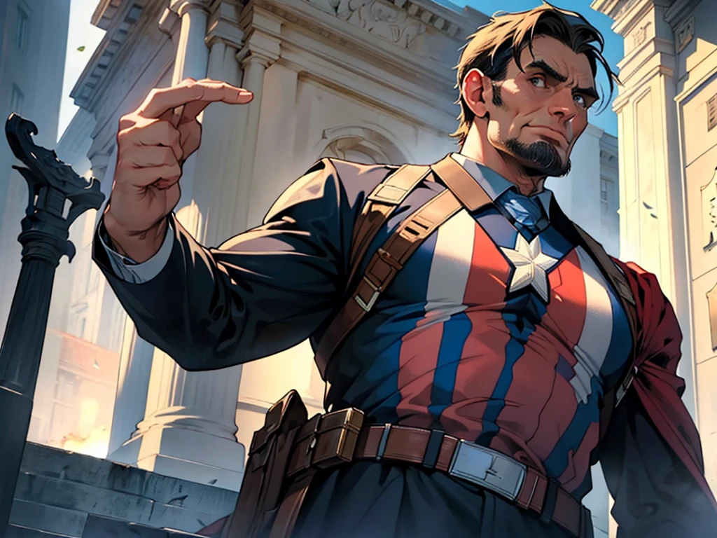 President Abraham Lincoln dressed as Captain America, in a heroic and imposing pose in front of the White House. The lighting highlights its determined and historic expression, while the setting reinforces the patriotism and strength of the American icon.