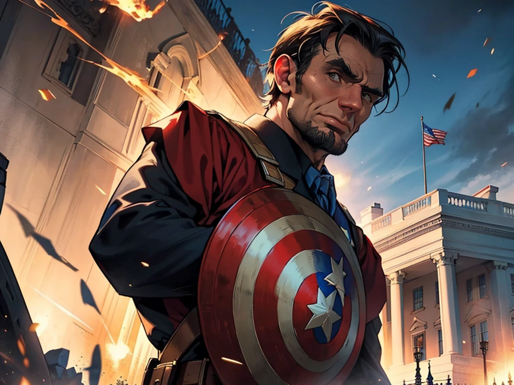 President Abraham Lincoln dressed as Captain America, in a heroic and imposing pose in front of the White House. The lighting highlights its determined and historic expression, while the setting reinforces the patriotism and strength of the American icon.
