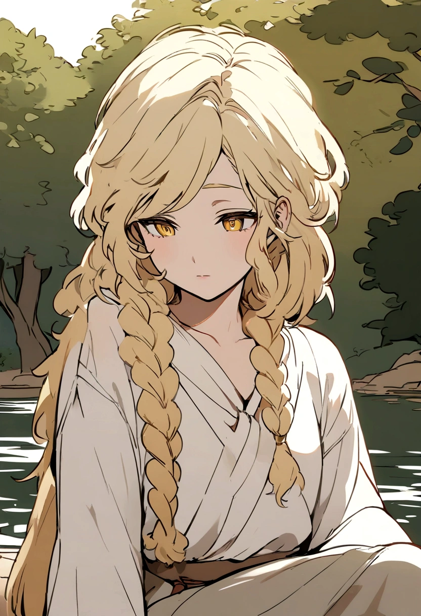 Masterpiece, High quality, High quality of art, anime lineart, Oil painting style, 1boy, Femboy, Light golden hair, braids, Yellow eyes, red eyeshadows, calm, half-asleep, near a large tree, feminine, in simple rustic clothes, Half-naked, morning, Pale, This boy is sitting under a tree near the river, Fluffy curly hair with braids, In the clothes of a boy of the Middle Ages