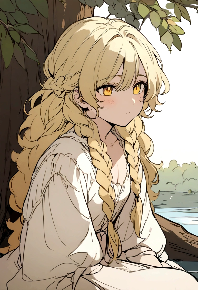 Masterpiece, High quality, High quality of art, anime lineart, Oil painting style, 1boy, Femboy, Light golden hair, braids, Yellow eyes, red eyeshadows, calm, half-asleep, near a large tree, feminine, in simple rustic clothes, Half-naked, morning, Pale, This boy is sitting under a tree near the river, Fluffy curly hair with braids, In the clothes of a boy of the Middle Ages