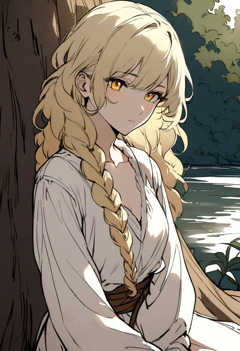 Masterpiece, High quality, High quality of art, anime lineart, Oil painting style, 1boy, Femboy, Light golden hair, braids, Yellow eyes, red eyeshadows, calm, half-asleep, near a large tree, feminine, in simple rustic clothes, Half-naked, morning, Pale, This boy is sitting under a tree near the river, Fluffy curly hair with braids, In the clothes of a boy of the Middle Ages