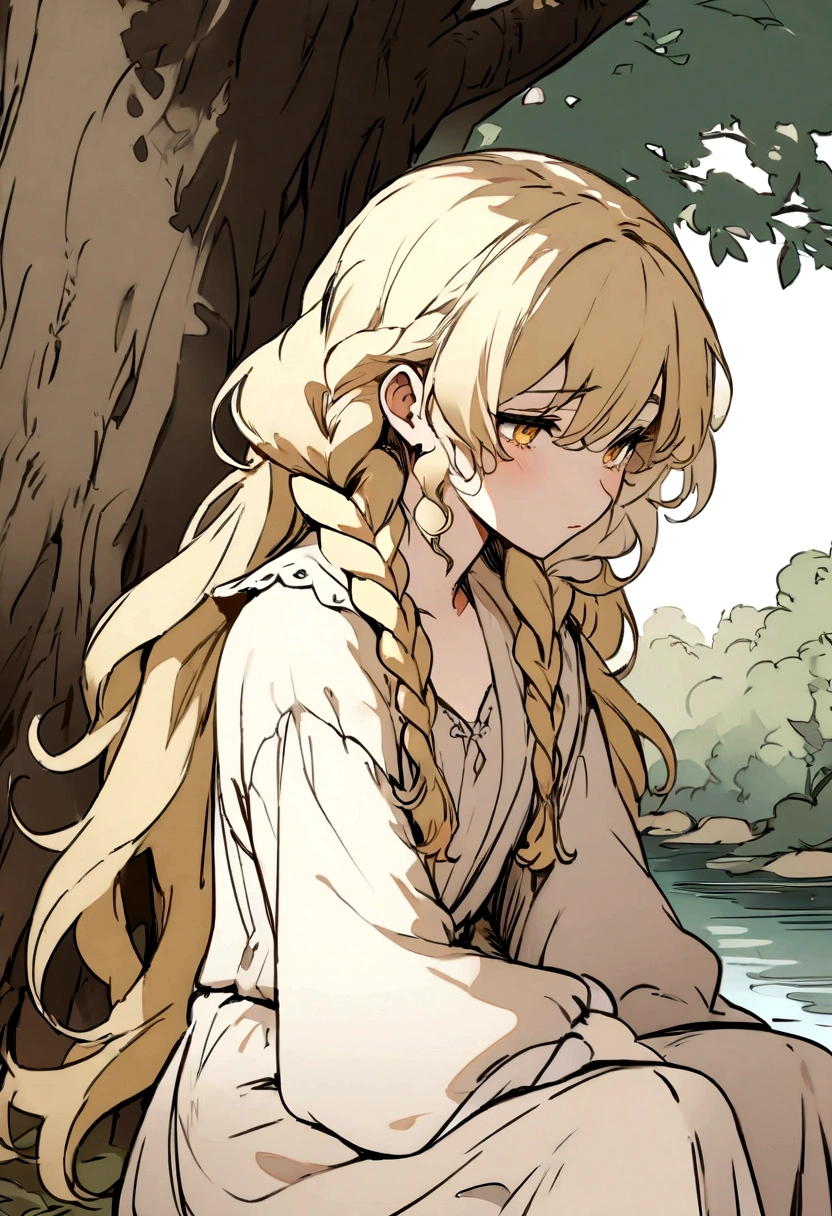 Masterpiece, High quality, High quality of art, anime lineart, Oil painting style, 1boy, Femboy, Light golden hair, braids, Yellow eyes, red eyeshadows, calm, half-asleep, near a large tree, feminine, in simple rustic clothes, Half-naked, morning, Pale, This boy is sitting under a tree near the river, Fluffy curly hair with braids, In the clothes of a boy of the Middle Ages