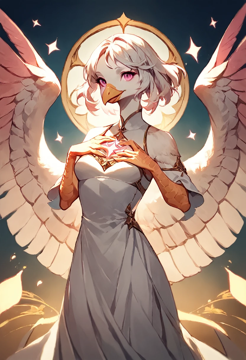score_9, score_8_up, score_7_up, score_6_up, score_5_up, score_4_up, (solo), female anthro white feathered avian, white hair, solo, heavenly, medium length hair, white dress, angelic, pink eyes, kind pose, hand on chest