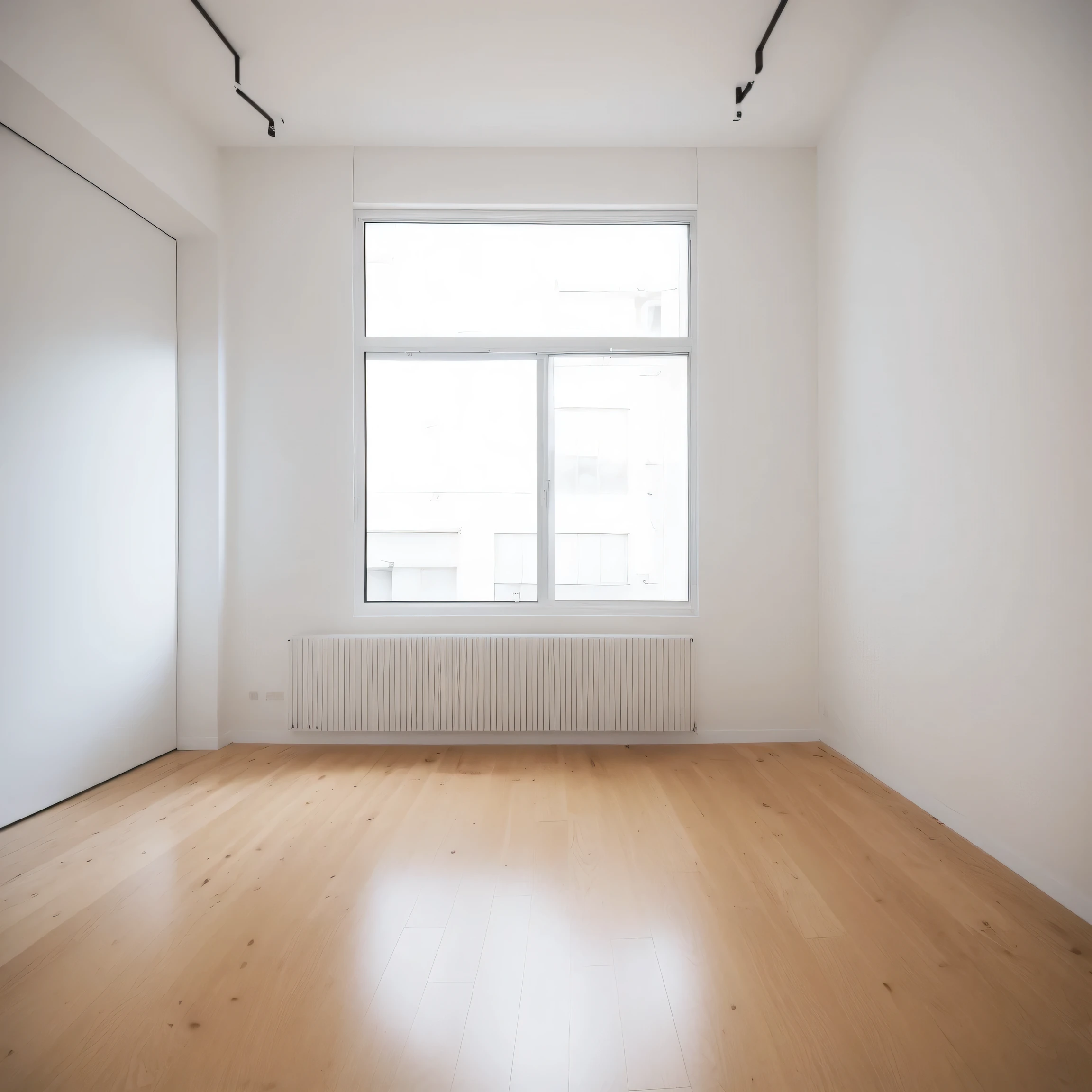 Imagine a minimalist and modern empty room interior.。The scene is、The room has white walls and light grey laminate flooring.。The room is bright and bright.、Natural light comes in through the windows、Accentuate the clean and simple aesthetic of an urban apartment space。