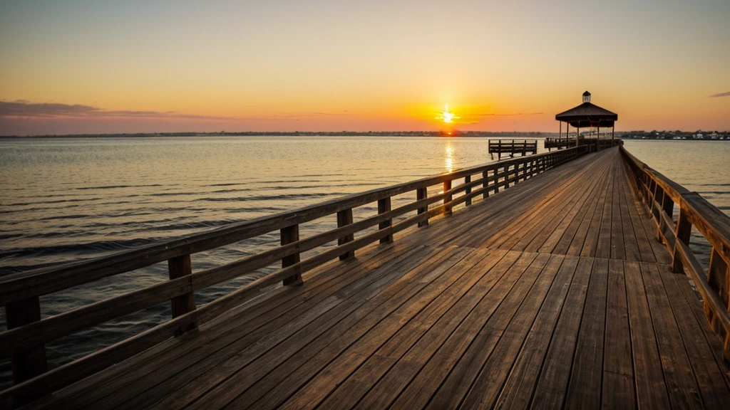 Old school car ; boardwalk ; sunset 