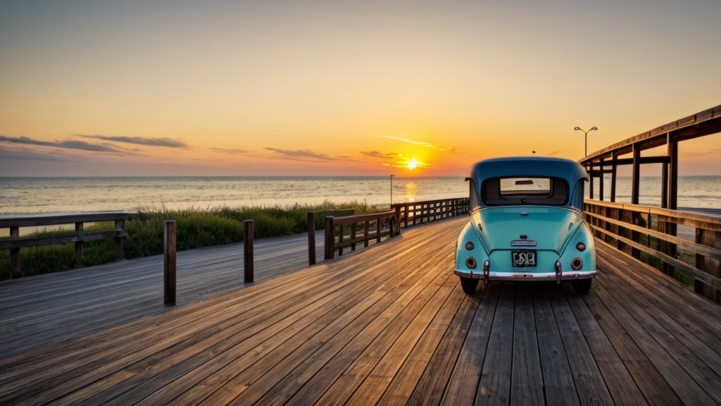 Old school car ; boardwalk ; sunset