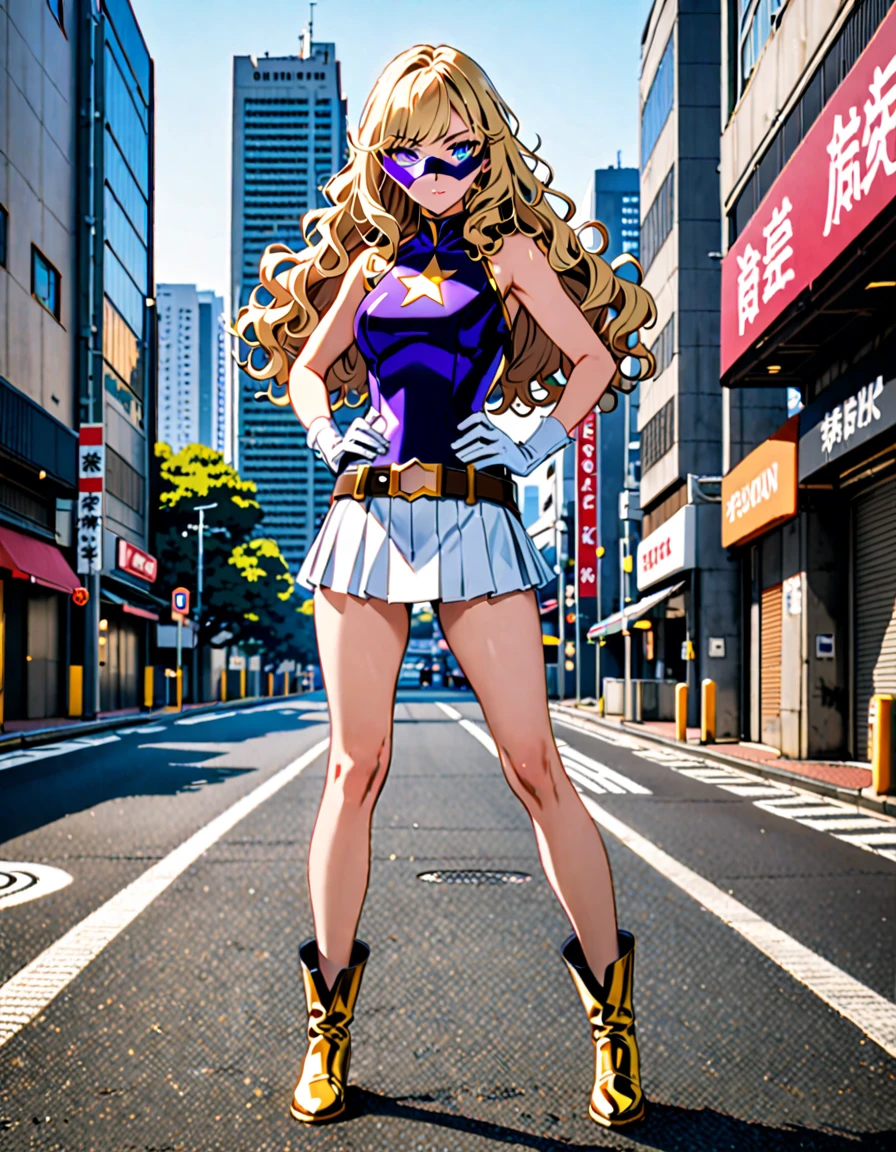 One girl, Medium chest, (((leotard, アメリカの国旗のleotard, No sleeve, White mini skirt,barefoot))), ((Tight belt, Gold Belt)), ((boots, matching boots, ankle boots, white boots)), ((gloves, white gloves)), Urban Background, tokyo Urban Background, alone, single, Hands on hips, Are standing, ((Full Body Shot)), Cowboy Shot, Superhero, ((Beautiful attention to detail)), (Gold star symbol on chest), (((Purple eye mask))),(((blue eyes))),(((Blonde Hair, Medium length curly hair, blue eyes))), (Perfect Anatomy), masterpiece, Highest quality
