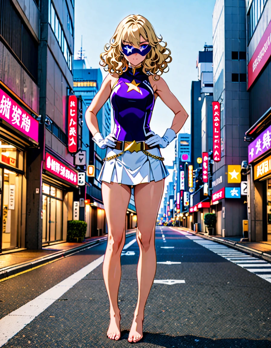 One girl, Medium chest, (((leotard, アメリカの国旗のleotard, No sleeve, White mini skirt,barefoot))), ((Tight belt, Gold Belt)), ((boots, matching boots, ankle boots, white boots)), ((gloves, white gloves)), Urban Background, tokyo Urban Background, alone, single, Hands on hips, Are standing, ((Full Body Shot)), Cowboy Shot, Superhero, ((Beautiful attention to detail)), (Gold star symbol on chest), (((Purple eye mask))),(((blue eyes))),(((Blonde Hair, Medium length curly hair, blue eyes))), (Perfect Anatomy), masterpiece, Highest quality