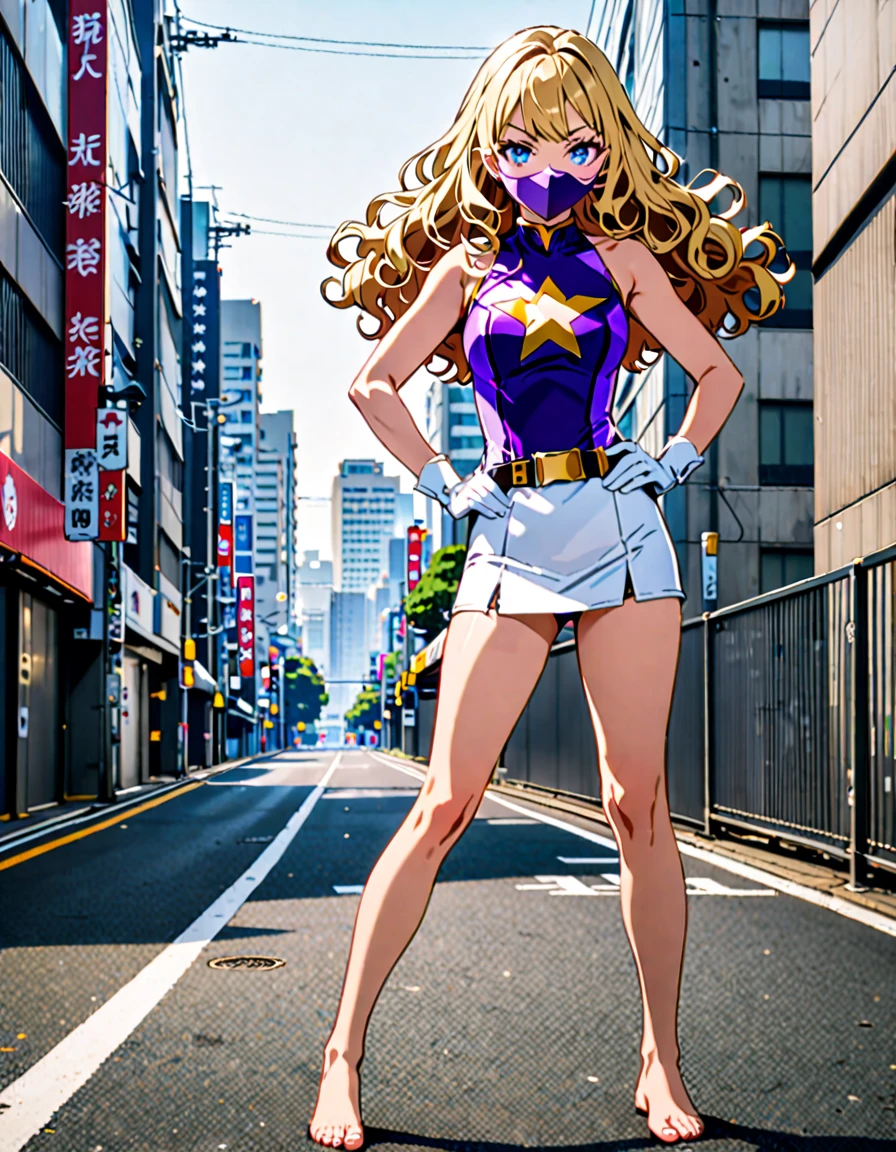One girl, Medium chest, (((leotard, アメリカの国旗のleotard, No sleeve, White mini skirt,barefoot))), ((Tight belt, Gold Belt)), ((boots, matching boots, ankle boots, white boots)), ((gloves, white gloves)), Urban Background, tokyo Urban Background, alone, single, Hands on hips, Are standing, ((Full Body Shot)), Cowboy Shot, Superhero, ((Beautiful attention to detail)), (Gold star symbol on chest), (((Purple eye mask))),(((blue eyes))),(((Blonde Hair, Medium length curly hair, blue eyes))), (Perfect Anatomy), masterpiece, Highest quality