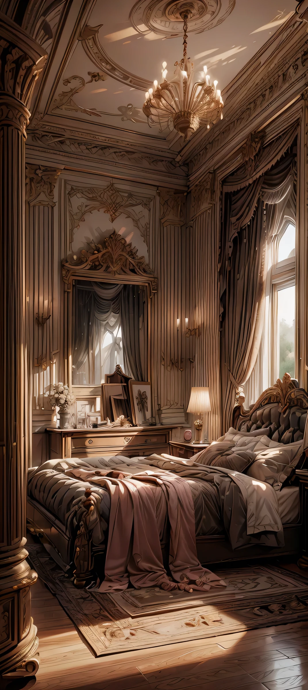 Best quality, masterpiece, ultra high res, raw photo, beautiful and aesthetic,deep shadow, dark theme,(ultra detailed:1.3), divine, royal bedroom, indoors, luxurious palace, canopy bed, full of curtains, pillows, jewelry, candlelight, queen bedrooms, pink room, neoclassical bedroom