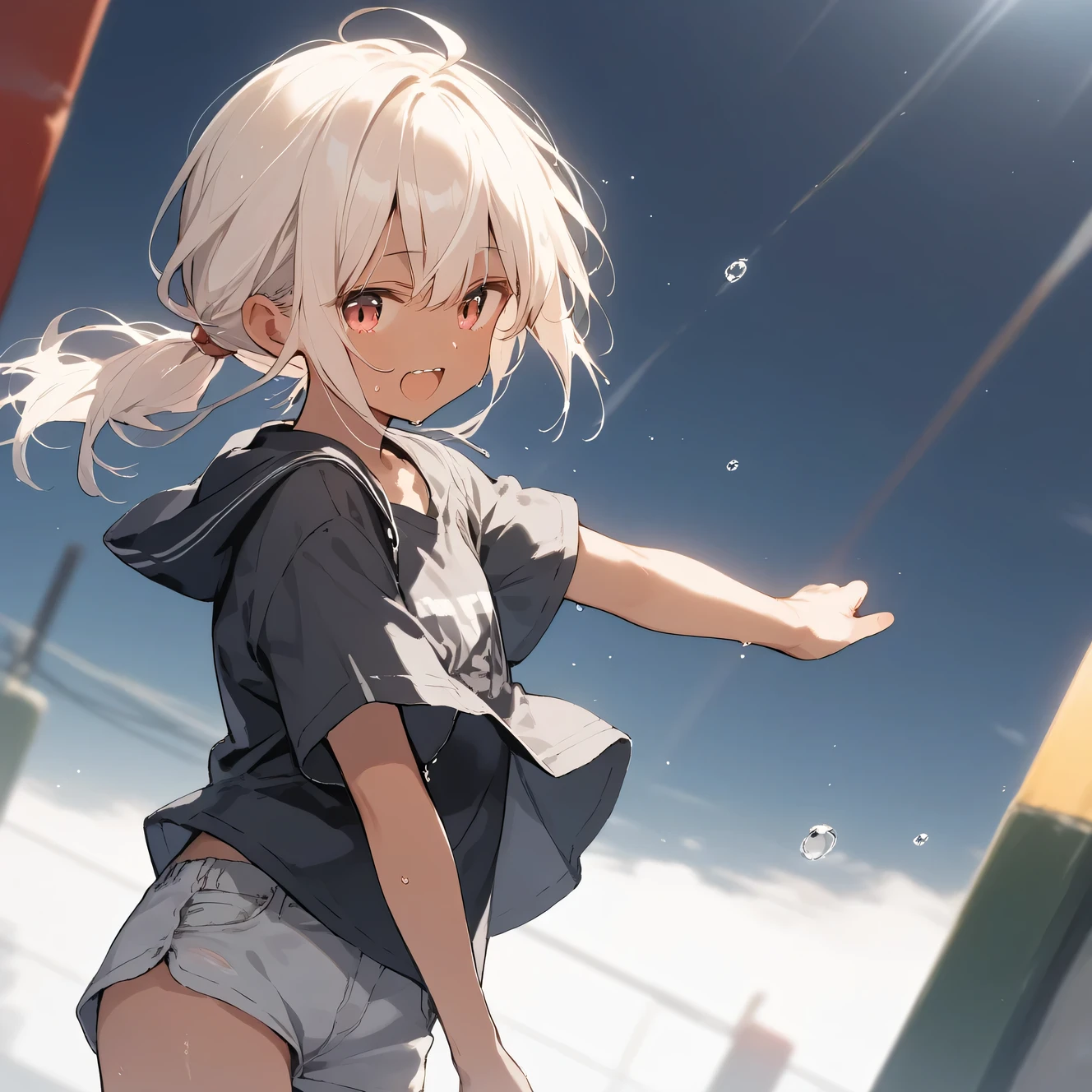 score_9, score_8_up, score_7_up, source_anime, best quality, masterpiece, official art, absurdres, highres, ultra-detailed,waifu2x,Collection: Slice of Life,break,1girl, tomboy, dark-skinned female, short hair, low ponytail, flat chest, beautiful detailed eyes, short shorts, sweat, open mouth, (yawn:0.3), sleepily, outdoors, wind, break,(clear line illustration:1.2),very high resolution, very aesthetic, super detailed skin, Best sexual lighting powered by famous artist, 8k,cute picture,beauty illustration,photoshop_(medium),,(Detailed Lighting),best anime 8k konachan wallpaper, pixiv contest winner, 