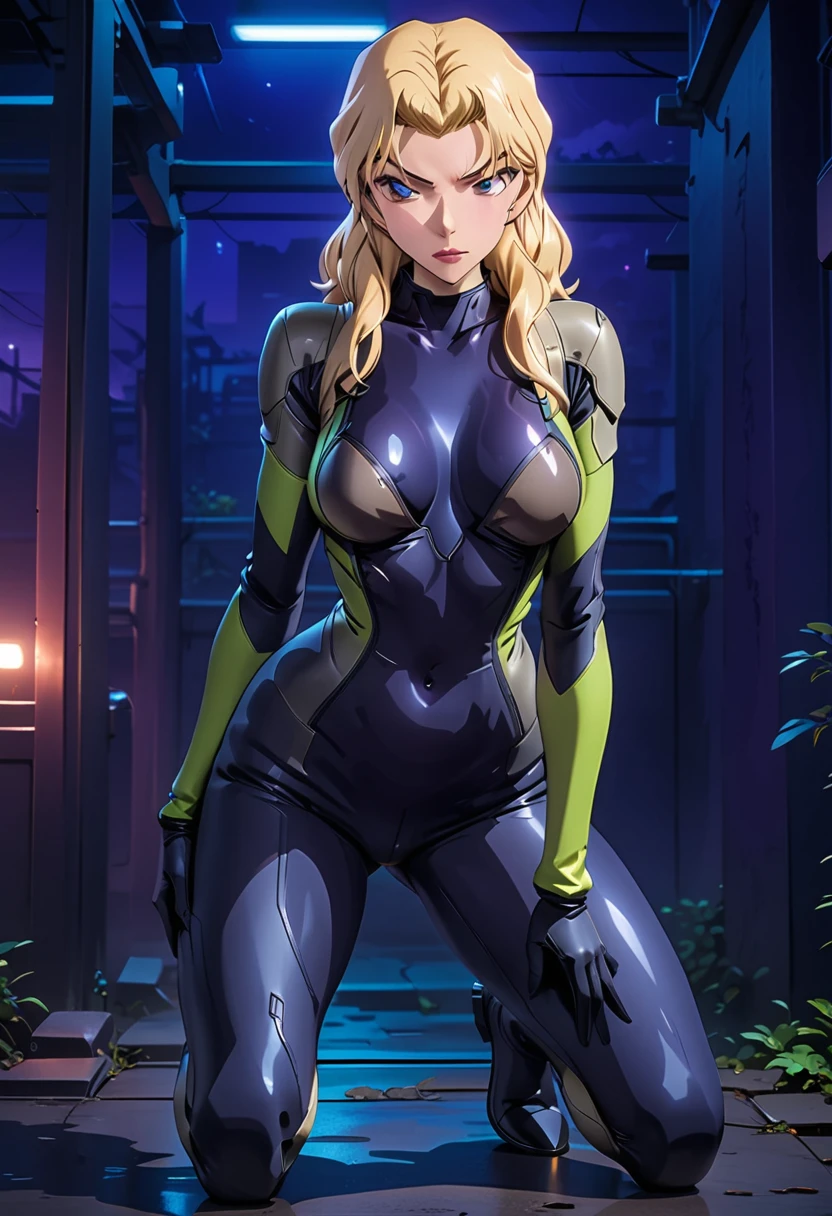 (masterpiece, best quality:1.5),((Extremely detailed)),high resolution,Anime style,(Beautiful blonde hair woman,full body, blonde female agent, tight combat suit, *** posture, mysterious atmosphere, night action, perfect figure:1.3),