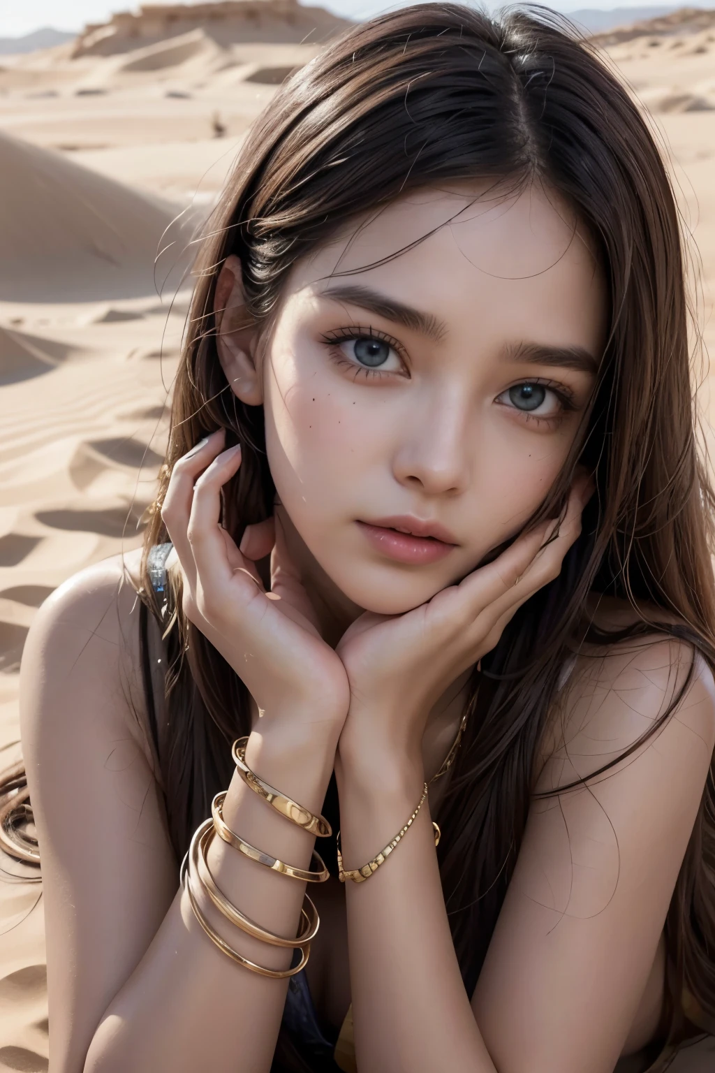 Digital painting, woman water particles, beautiful, perfect face, perfect eyes, lying on a sand dune with endless view in the middle of the desert, long straight hair, futuristic outfit, gold jewelry, detailed desert dune landscape, anklets and detailed bracelets, detailed facial expression, cute and natural skin, realistic, sharp focus, soft light, intricate details, highly detailed, 16k, masterpiece