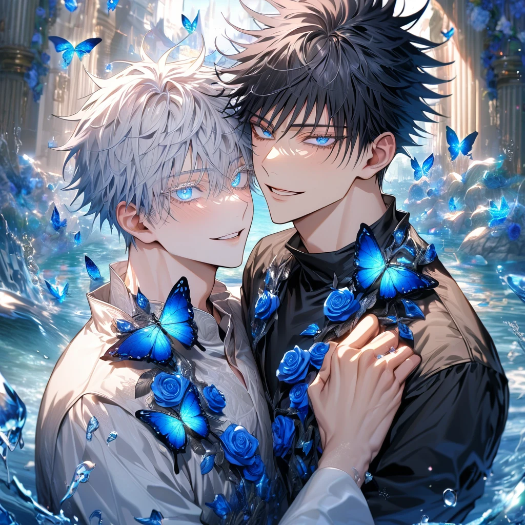 Ultra detailed, HDR, Highres, absurdres, master piece, Gojou Satoru, expressive blue eyes, white hair with bangs, white eyelashes, Fushiguro Megumi, expressive blue eyes, black hair, Jujutsu Kaisen, black shirt, blue glittering butterflies, blue ice, petals, blue ice glass roses, 2 sexy men together, gay couple, love, handsome, glittering, water, fantasy, magical, handsome smile