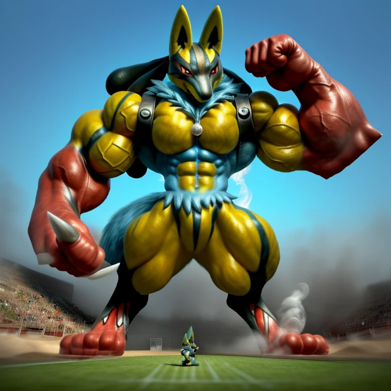 solo, (masterpiece. official art. 8k. best quality. detailed full body. full body.)

(situation 1 : dominating mega lucario. focus GIANT mechanical Muscular mega lucario is trampling the CITY. macro. stomp. Low-angle perspective. emphasizing the immense size. The perspective is from below, emphasizing the sheer majesty and power of the Giant. giant art. He is much bigger than a skyscraper. Giga Giants. micro soccer field. looking down.)

(situation 2 :smoke and flames rising from the destruction in the city)

(Additional details 2: (Detailed head. Detailed Body. Detailed abs. gigantic muscles. HYPER MUSCLES. Gigachad Muscular. big muscle. pecs. triceps. traps. unusually developed muscular body. body full of huge muscles. showing off muscles. pectorales enormes. Exaggeratedly huge muscles. huge muscles. long legs.).