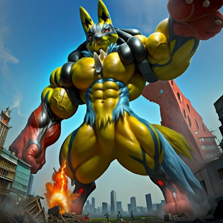 solo, (masterpiece. official art. 8k. best quality. detailed full body. full body.)

(situation 1 : dominating mega lucario. focus GIANT mechanical Muscular mega lucario is trampling the CITY. macro. stomp. Low-angle perspective. emphasizing the immense size. The perspective is from below, emphasizing the sheer majesty and power of the Giant. giant art. He is much bigger than a skyscraper. Giga Giants. micro soccer field. looking down.)

(situation 2 :smoke and flames rising from the destruction in the city)

(Additional details 2: (Detailed head. Detailed Body. Detailed abs. gigantic muscles. HYPER MUSCLES. Gigachad Muscular. big muscle. pecs. triceps. traps. unusually developed muscular body. body full of huge muscles. showing off muscles. pectorales enormes. Exaggeratedly huge muscles. huge muscles. long legs.).