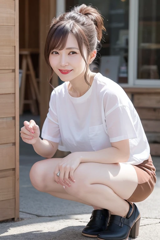 ((downbrouse:1.3))、((leaning-forward:1.2))、((Very loose and low-cut clothes:1.1))、(Very loose chest clothes)、(top-quality、8K、32K)、japanes、28 year old、Very pretty girl、a beauty girl、sodden、crouching down、very large chest with drooping,、A smile、outside of house、Windy、shinny skin、blurry backround、short-cut、Shot from above、Shot from the front、Correct fingers