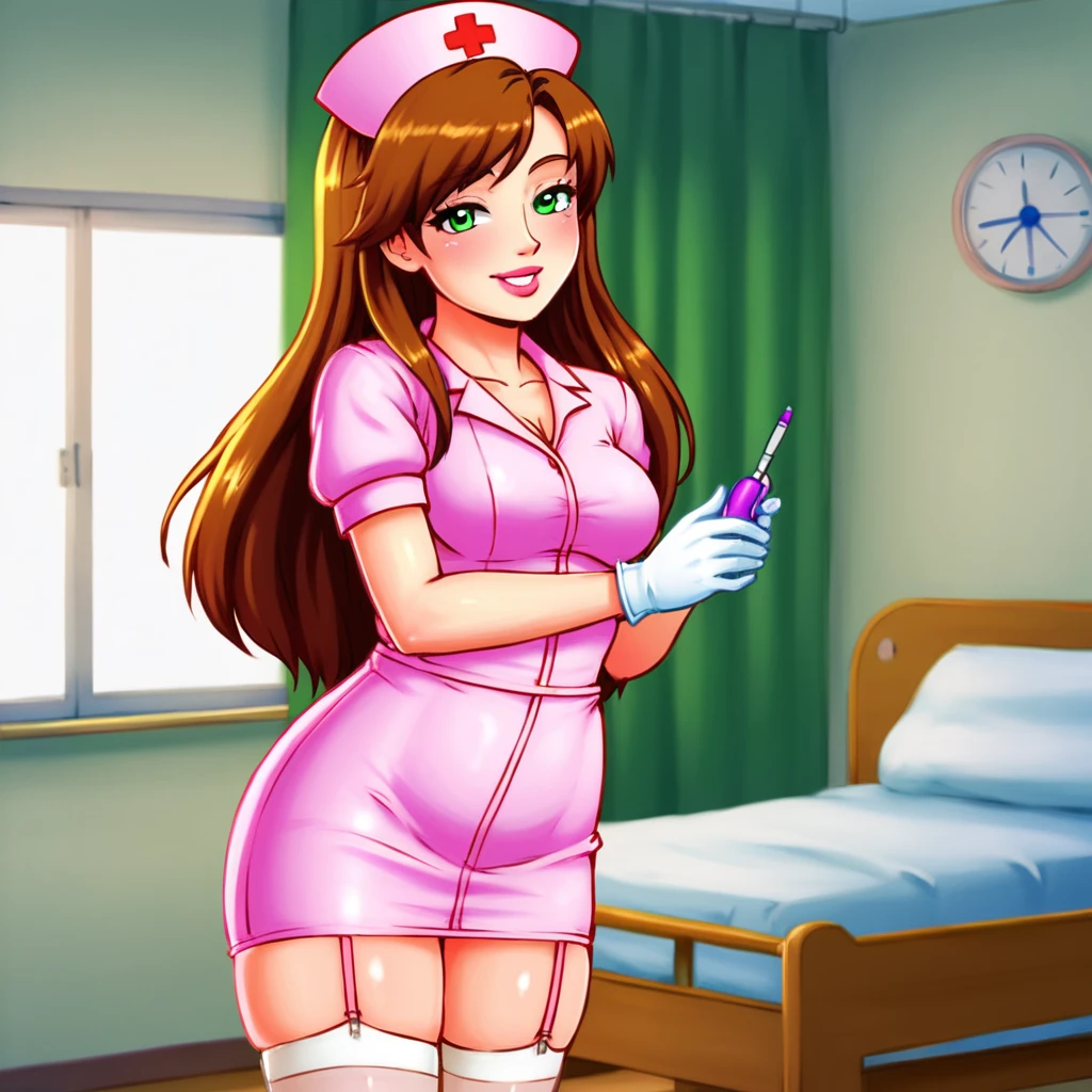 slutty floozy 1girl , solo, whore floozy sleazy lacivious nurse lingerie using pantyhoose, nurse cap, low pink wear, ((low ping legwear, zettai ryouiki)), white gloves,lingerie, green eyes, drooping eyes, pink lips, smile, standing, ((hospital room)), sharp outline, short sleeves, young female, 18 years old, best quality, masterpiece painted by ilya kuvshinov, gaston bussiere, craig mullins, hajime sorayama alphonse mucha, artstation, Despite the provocative elements, the image remains tasteful, focusing on artistic expression and contrasting gothic horror vibes with vibrant paint splatters. The final product is a highly detailed, stylized oil photo, masterfully created with HDR technology and 8k resolution.
