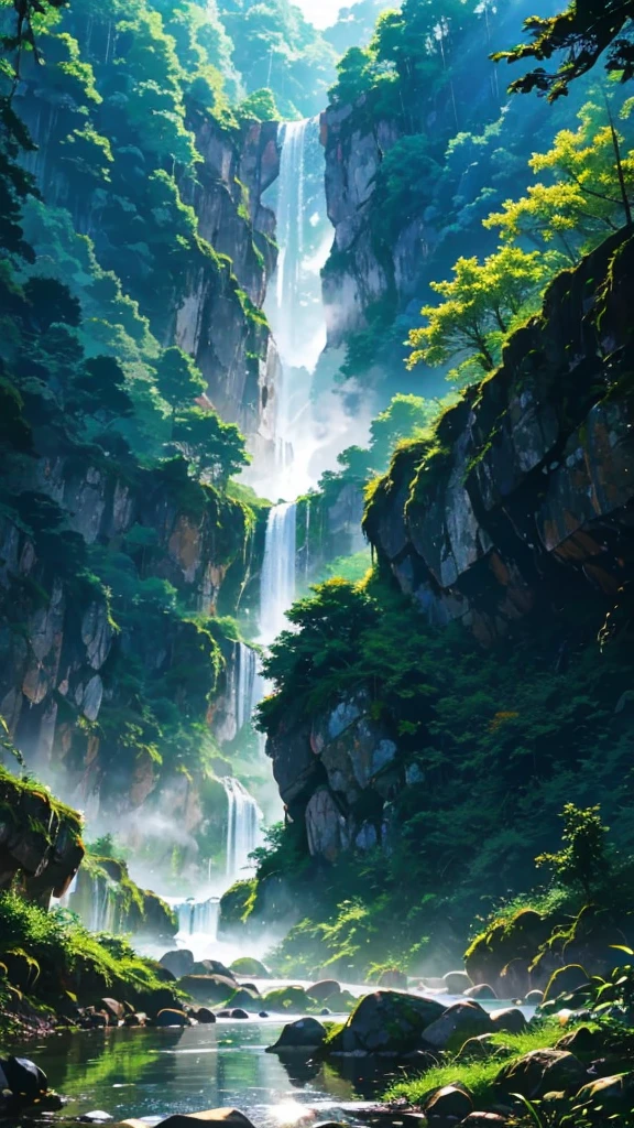 Lushan Waterfall，Hanging between the green mountains。The roar of water，Sunlight through the mist，Reflecting a colorful rainbow，Adds a touch of mystery to this forest。Along the mountain trail，You can experience the magnificence of the waterfall up close，Water mist，