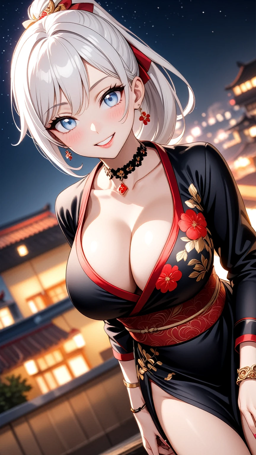 ((One personの女性)), Beautiful Face, (Laughing embarrassedly), (seductive smile:1.4), ((Wink:1.9)), (head tilt:1.3), Laugh with your mouth wide open, upper teeth, looking at viewer, ((Bright red cheeks:1.4)),Glossy Red Lips,rooftop, firework, Glossy red lips, Shining Face, ((Anime style background)),masterpiece, Highest quality, so beautiful,up to date, Complex details, (Pink long nails),(ring),(bracelet),(Floral choker),AI-generated, Complex,High resolution, Highest quality, super high quality,3D Images、3D Images,One person,Long white hair,High Ponytail, Anime woman posing for a photo,(blue eyes), ((Fine grain、Silvery white, lightly pigmented eyes、Shining Eyes:1.3)), (Squint your eyes:1.1),a hyperRealistic , hyperRealistic , Realistic,Anime woman with long white hair, Smooth anime CG art, A woman in a colorful kimono with gold embroidery, (Black long sleeve kimono),Red floral pattern,Long flower hair ornament,Earrings,Mature Body,(Big Breasts:1.1),Tall,Abdominal muscles,Tight waist, (knee shot:1.2), (dutch angle:1.3),