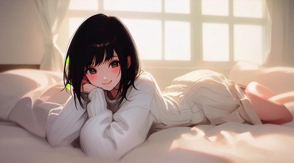 beautiful girl、Black knit、On the bed、Eye highlightasterpiece、high resolution、smile、Black Hair