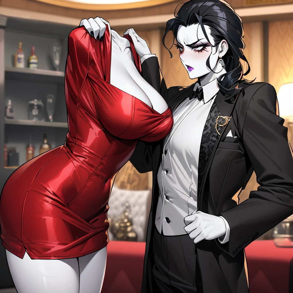1woman, black hair, white skin, milf, Aristocrat mafia boss, dressing a red gown, ruthless expression, opulent modern background.