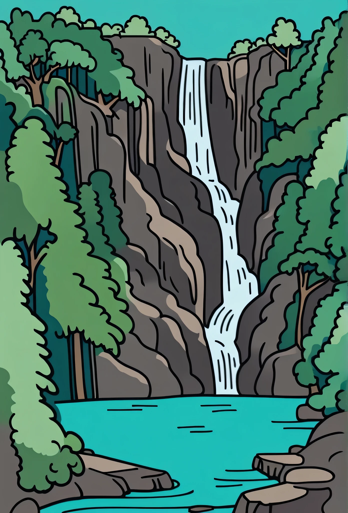 /Imagine Prompt: Waterfall illustration for banner on white background, bold outline style, irregular, Trashcore, light shading