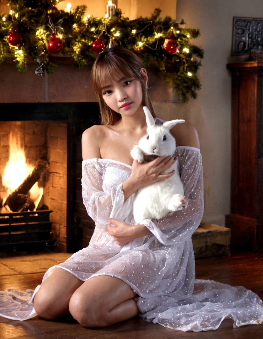 a beautiful young woman ((KPop Lisa) Lalisa Manobal, age 25), wearing an airy sheer Christmas night gown (shoulders exposed, deeply plunging neckline) , nude except for night gown, her intimate areas partially exposed and very detailed, playing with a baby bunny by an old-fashioned fireplace with a roaring fire, Christmas scene (best quality, 4k, 8k, highres, masterpiece:1.2), ultra-detailed, (realistic, photorealistic, photo-realistic:1.37), HDR, UHD, studio lighting, ultra-fine painting, sharp focus, physically-based rendering, extreme detail description, professional, vivid colors, bokeh, portrait, figurative, intimate, sensual, cozy, Christmas, warm lighting, chiaroscuro (show her entire body, show all of her)