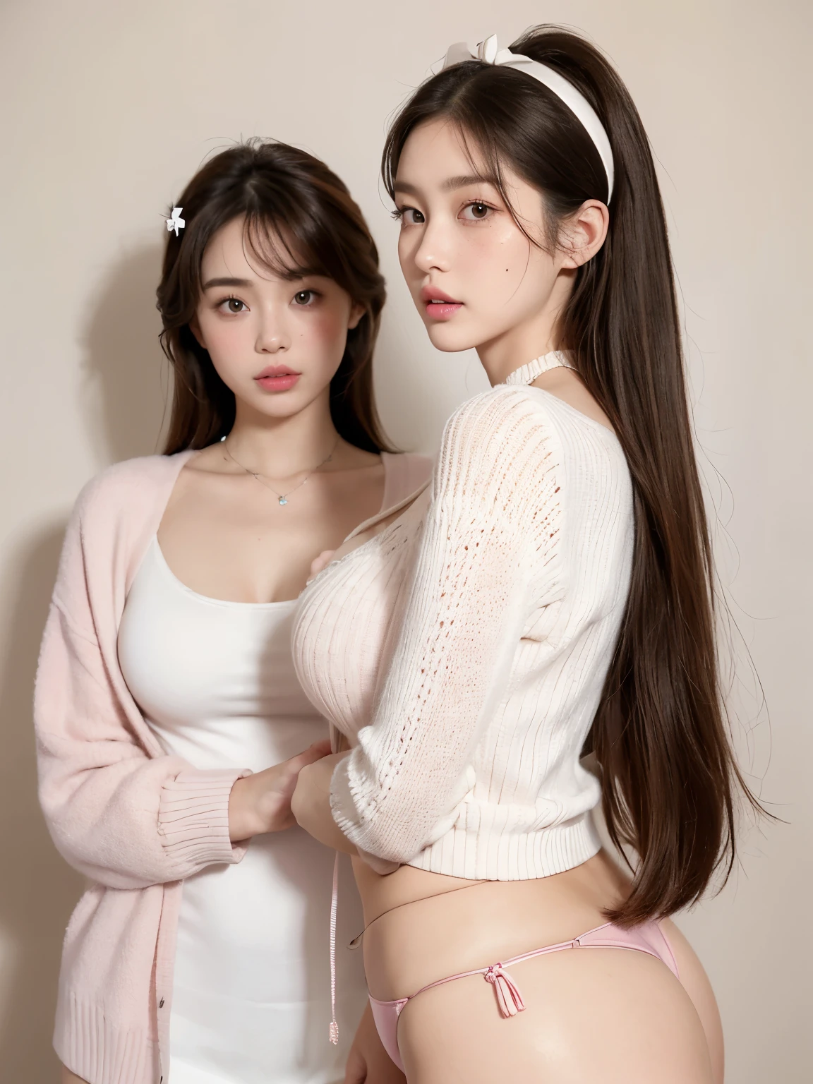 Kim Jennie with white brown hair, with curlers at the ends, with two bows on each side of the hair, all her hair white brown, with a star clip in her white brown hair, light colored eyes, pretty eyes, crying eyes, pretty, upturned nose, watery nose, Pretty lips, pink lips, heart and cupid shaped lip, pretty skin, pale, White skin, with moles and freckles all over his face, soft pink blush on the cheeks, natural pink blush, soft pink makeup, Jennie, nice neck, marked collar, frown, tender look, with a kiss necklace, a pretty kiss necklace, similar to Yumeko Jabami, while wearing a Crochet YK2, woolen, with a YK2 style brown mini skirt, while wearing a jacket with bear prints, while having a bare abdomen, Delgado, marked and pretty, (big breasts, soft breasts, nice breasts), while she is cosplaying the character Yumeko Jabami, The anime Kakegurui, While he is with a nice friend, looking to the camera