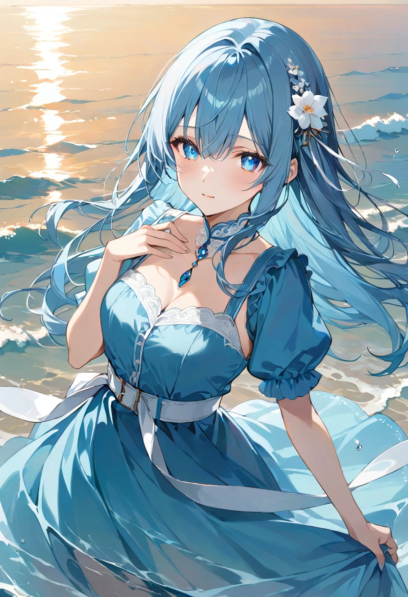 masterpiece, best quality, ultra detailed, sparkling eyes, The image depicts an anime-style character with long, flowing turquoise hair adorned with hair accessory featuring small white flowers. The character has large, expressive blue eyes and wears a dress in shades of blue and white. The dress has a high neckline, short puffed sleeves, and a wide belt around the waist, The background showcases a serene water setting with gentle waves and light reflections, suggesting a calm, sunny day near a body of water. The surface of the water has a smooth, almost glass-like quality, with the play of light creating a warm, inviting atmosphere. The overall composition and color palette contribute to a tranquil and dreamy mood, 