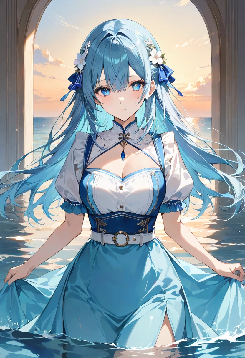 masterpiece, best quality, ultra detailed, sparkling eyes, The image depicts an anime-style character with long, flowing turquoise hair adorned with hair accessory featuring small white flowers. The character has large, expressive blue eyes and wears a dress in shades of blue and white. The dress has a high neckline, short puffed sleeves, and a wide belt around the waist, The background showcases a serene water setting with gentle waves and light reflections, suggesting a calm, sunny day near a body of water. The surface of the water has a smooth, almost glass-like quality, with the play of light creating a warm, inviting atmosphere. The overall composition and color palette contribute to a tranquil and dreamy mood, 