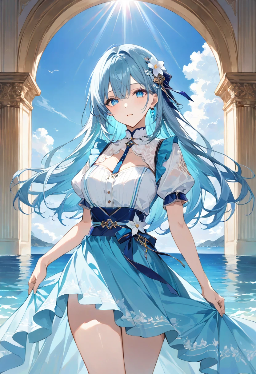 masterpiece, best quality, ultra detailed, sparkling eyes, The image depicts an anime-style character with long, flowing turquoise hair adorned with hair accessory featuring small white flowers. The character has large, expressive blue eyes and wears a dress in shades of blue and white. The dress has a high neckline, short puffed sleeves, and a wide belt around the waist, The background showcases a serene water setting with gentle waves and light reflections, suggesting a calm, sunny day near a body of water. The surface of the water has a smooth, almost glass-like quality, with the play of light creating a warm, inviting atmosphere. The overall composition and color palette contribute to a tranquil and dreamy mood,