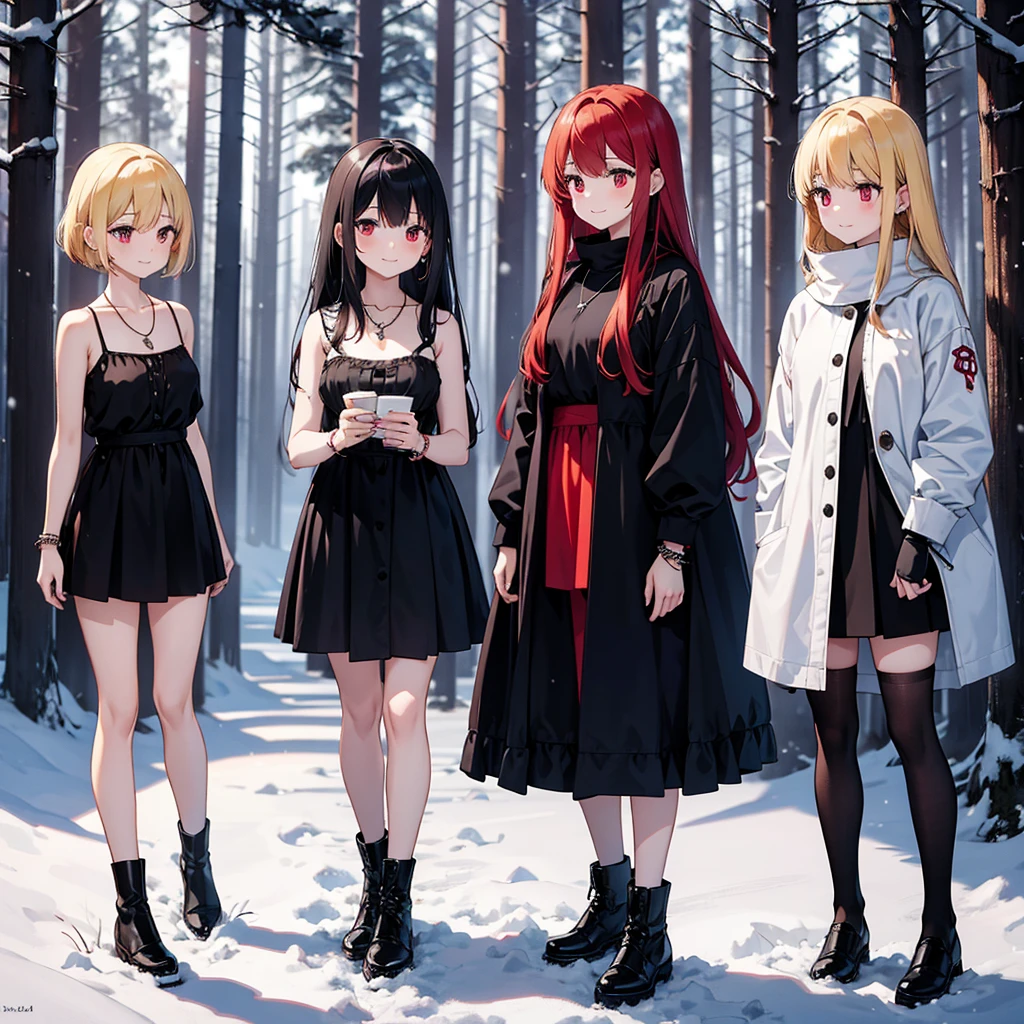 a group of beautiful witch girls in the middle of a forest in the night,snowy forest, snow, black clothes, black and red clothes, necklaces, girls standing,short skirt, sexy ,exposed shoulders light dress, transparent dress, girls standing in the middle of the forest , bracelets, earrings, completely naked tribal tattoos, three girls, blonde hair, black hair , red hair, smile