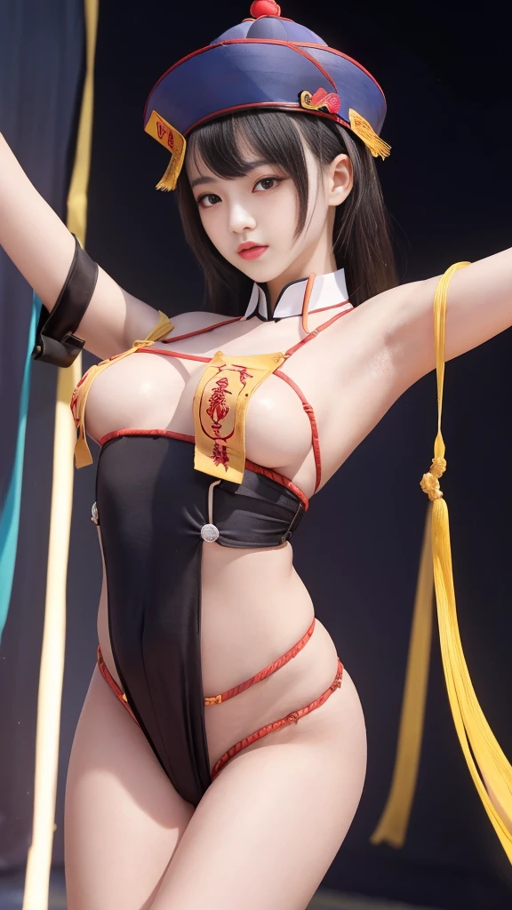 (Highest quality, 8K, masterpiece:1.2), Reality:1.4, One girl,alone, Black Hair, Slender body, Small and slender figure, Small beautiful butt:1.3, Thin thighs:1.2, Light_smile, Beautiful breasts, (Ofuda:1.2), 詳細なOfuda, (((Kyungsi Cosplay:1.2, Stretch your arms out in front of you in a Jiangshi pose))), whole body, Outdoor, night, ((Detailed eyes and face:1.2, Professional photography techniques)), ((-faceutiful girl:1.2, Cute face, Idol Face)), (Detailed hands and arms, Perfect hands:1.2), View the viewer, blush, (Perfect Anatomy)