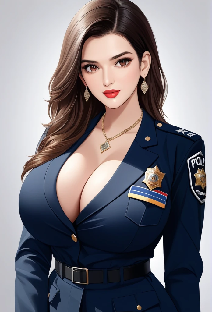 Kriti sanon wearing a beautiful ,photorealistic, best quality, masterpiece, realistic, highres, absurdres, kr1t1 , ((vector)),Beautiful symmetric detailed eyes. Big breast, fit body., necklace , makeup, red lipstick , police uniform