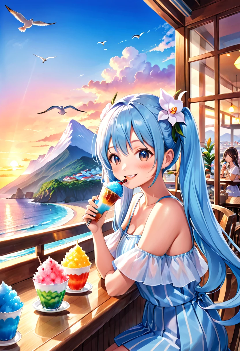Seaside café at sunset、Light blue long hair、Beautiful girl with twin tails、smile、He is eating a huge mountain of shaved ice with gusto.、A cafe decorated with lots of orchid flowers、The horizon in the distance、明るいsmileの美少女、Seagulls are flying in the sea、Squirrels by the window