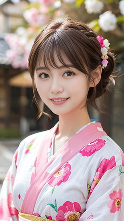 Highest quality、8k wallpaper、Reality:1.4、Photographed by a professional photographer、Photographed in natural light、View your viewers、background:Kyoto street corner、1 beautiful girl、Japanese Idol、30 years old、Beautifully detailed eyes、Detailed face、Beautiful Skin、Slender、Slim waist、Thin legs、Lip balm、Blonde: 1.8、Bobcut、Asymmetrical bangs、Hair decorated with elegant and delicate hairpins、A pink kimono with a vibrant traditional pattern:1.2 、smile:1.5
