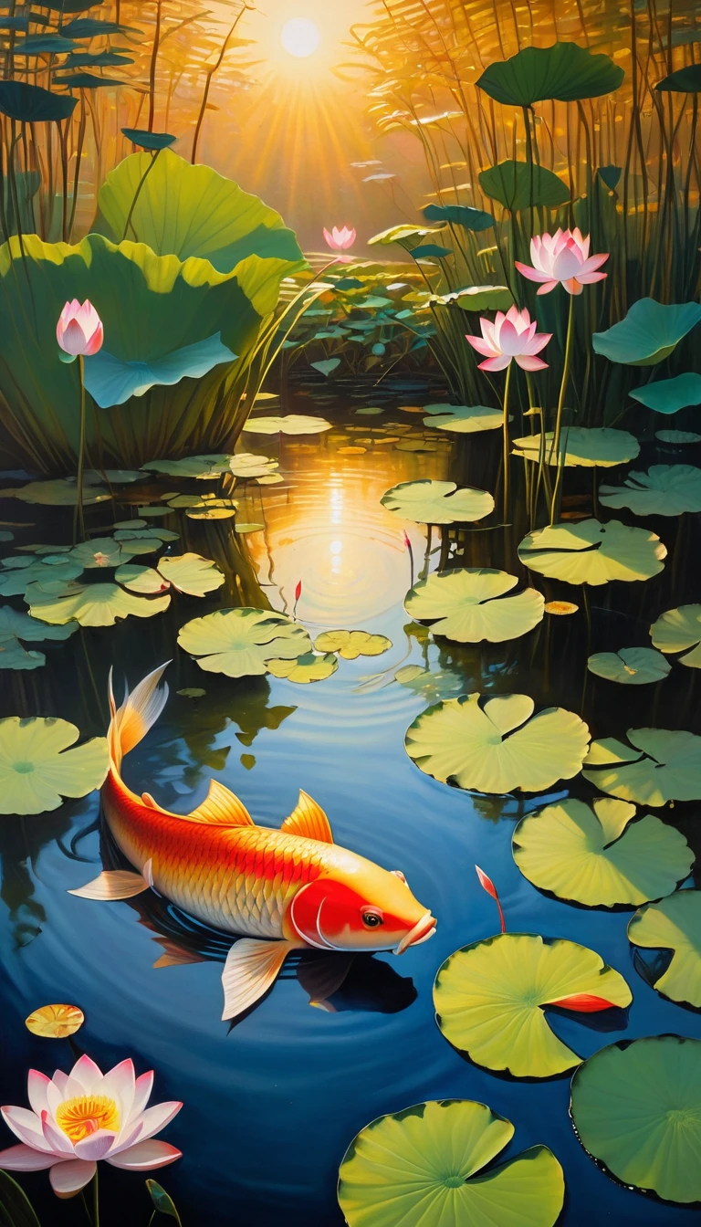 Pond at sunset, Unwelcoming atmosphere, Plants swaying in the breeze, Carp pokes its head out from among the lotus flowers, Nature, Detail Natural Glow, Intricately detailed oil painting, Crazy shadow and light gouache painting, (((Stunning matte painting details:1.3))), high quality, Tone contrast, Beautiful details, Shadow Enhancement, Extremely fine brushwork,