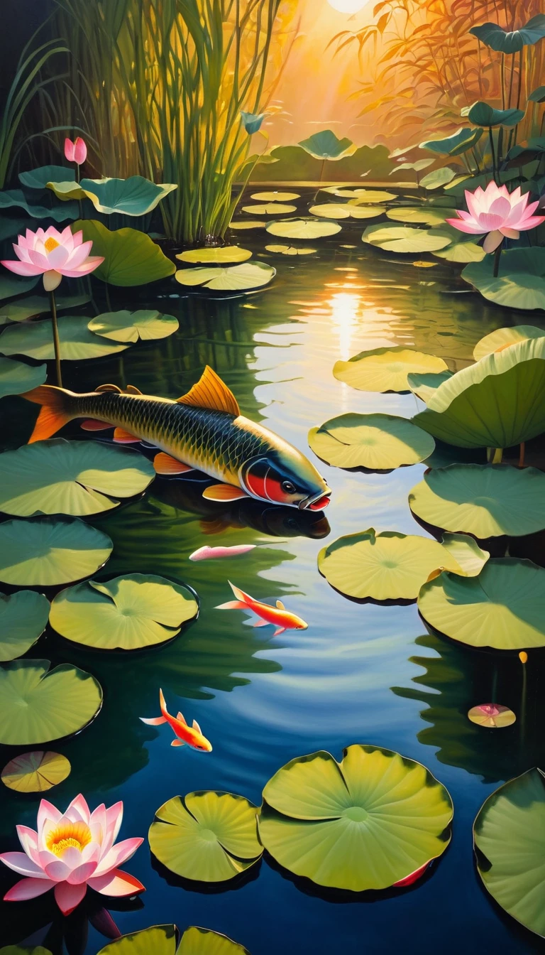 Pond at sunset, Unwelcoming atmosphere, Plants swaying in the breeze, Carp pokes its head out from among the lotus flowers, Nature, Detail Natural Glow, Intricately detailed oil painting, Crazy shadow and light gouache painting, (((Stunning matte painting details:1.3))), high quality, Tone contrast, Beautiful details, Shadow Enhancement, Extremely fine brushwork,