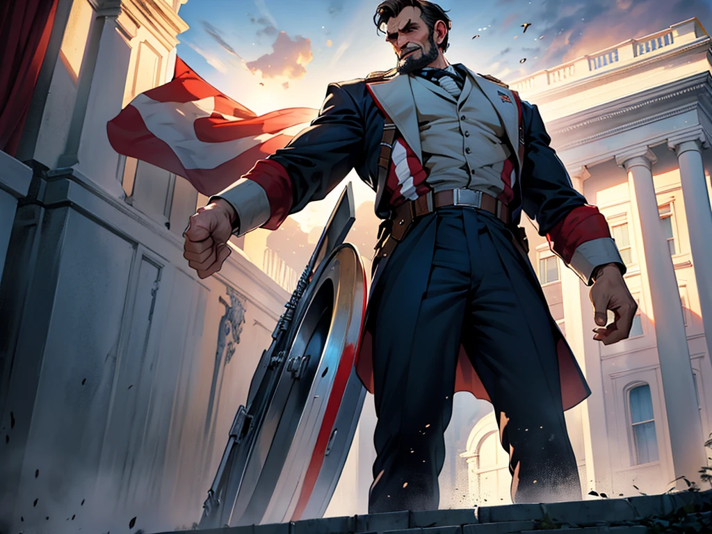 President Abraham Lincoln Full body view, dressed like Captain America, in a heroic and imposing pose in front of the White House. The lighting highlights its determined and historic expression, while the setting reinforces the patriotism and strength of the American icon.
