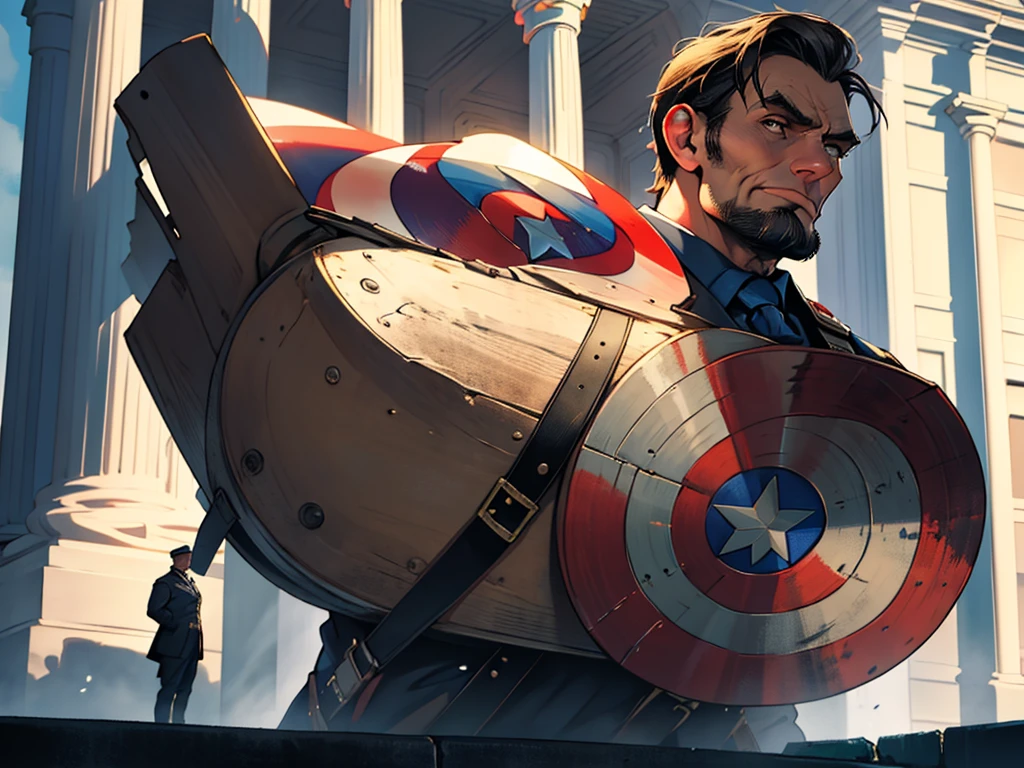 President Abraham Lincoln Full body view, dressed like Captain America, in a heroic and imposing pose in front of the White House. The lighting highlights its determined and historic expression, while the setting reinforces the patriotism and strength of the American icon.