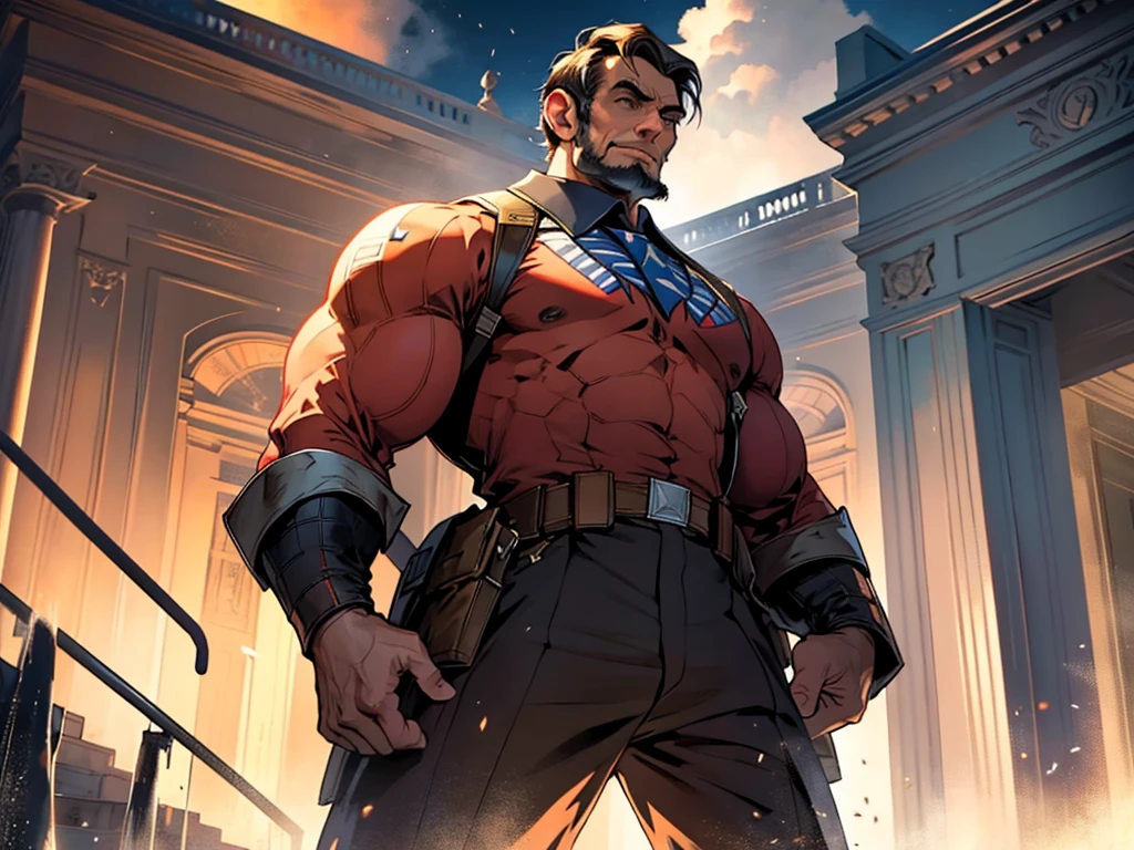 President Abraham Lincoln Full body view, dressed like Captain America, in a heroic and imposing pose in front of the White House. The lighting highlights its determined and historic expression, while the setting reinforces the patriotism and strength of the American icon.