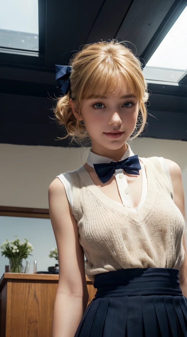(nude)(masterpiece:1.2, Highest quality), (Realistic, photoRealistic:1.4), Beautiful illustrations, (Natural Side Lighting, Cinema Lighting), Written boundary depth, Looking at the audience, (Face Focus, Upper Body), Front view, 1 Girl, English, high school girl, , Perfect Face, Cute symmetrical face, Shiny skin, (Bob Hair:1.7,blonde), Asymmetrical bangs, Big eyes, Droopy eyes, long eyelashes chest), thin, Beautiful Hair, Beautiful Face, Beautiful and beautiful eyes, Beautiful clavicle, Beautiful body, Beautiful breasts, Beautiful thighs, Beautiful legs, Beautiful fingers, ((High-quality fabric, brown knit vest, Short sleeve white collar shirt, Navy Pleated Skirt, Navy bow tie)), (Beautiful views), evening, (Inside the flower shop), Are standing, (smile, Superior, Open your mouth), (From below:1.5),(Poor visibility:1.5), (((Backlight)))