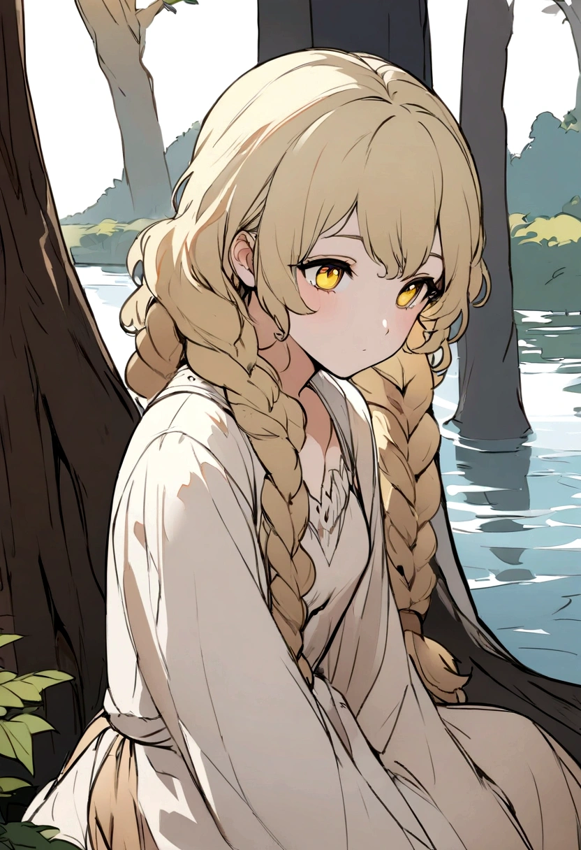 Masterpiece, High quality, High quality of art, anime lineart, Oil painting style, 1boy, Femboy, Light golden hair, braids, Yellow eyes, red eyeshadows, calm, half-asleep, near a large tree, feminine, in simple rustic clothes, Half-naked, morning, Pale, This boy is sitting under a tree near the river, Fluffy curly hair with braids, In the clothes of a boy of the Middle Ages, Clothes of a middle-class family