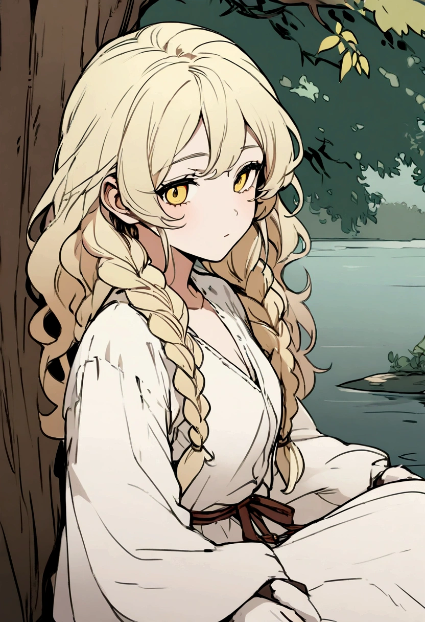 Masterpiece, High quality, High quality of art, anime lineart, Oil painting style, 1boy, Femboy, Light golden hair, braids, Yellow eyes, red eyeshadows, calm, half-asleep, near a large tree, feminine, in simple rustic clothes, Half-naked, morning, Pale, This boy is sitting under a tree near the river, Fluffy curly hair with braids, In the clothes of a boy of the Middle Ages, Clothes of a middle-class family