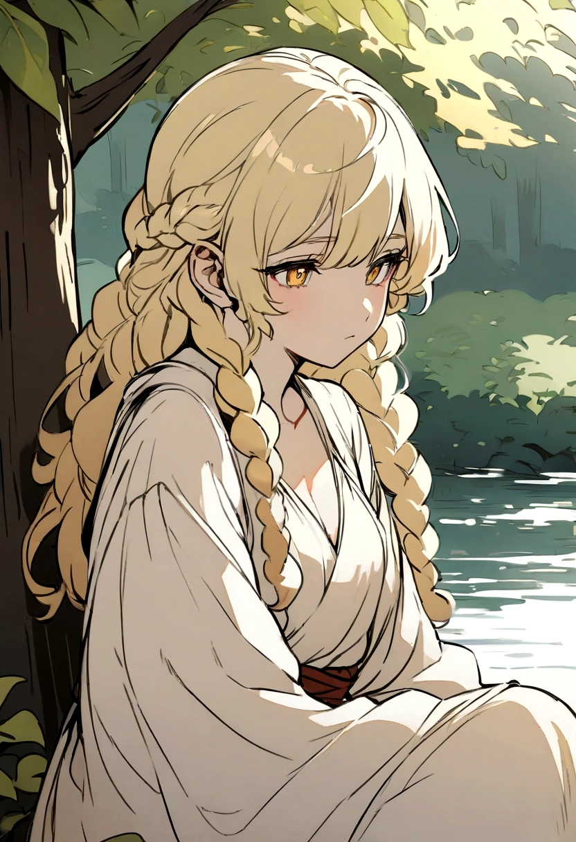 Masterpiece, High quality, High quality of art, anime lineart, Oil painting style, 1boy, Femboy, Light golden hair, braids, Yellow eyes, red eyeshadows, calm, half-asleep, near a large tree, feminine, in simple rustic clothes, Half-naked, morning, Pale, This boy is sitting under a tree near the river, Fluffy curly hair with braids, In the clothes of a boy of the Middle Ages, Clothes of a middle-class family