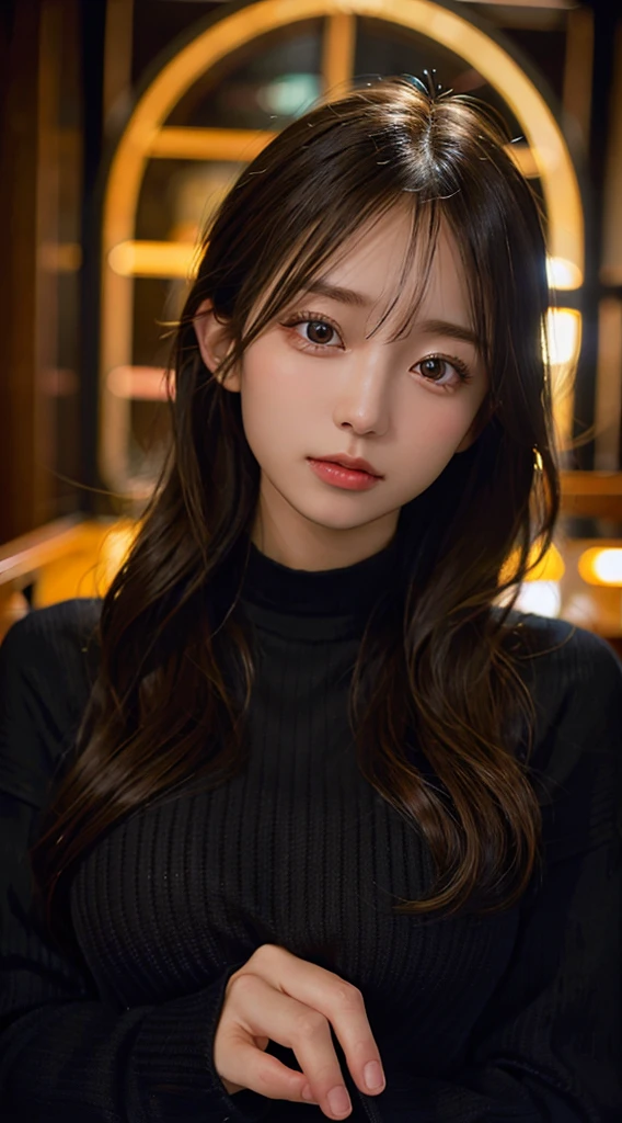 Highest quality, masterpiece, Ultra-high resolution, (Realistic:1.4), RAW Photos, One girl, Long Hair, Golden Hair, Detailed eyes and face, Black sweater, Dynamic Lighting, In the Dark, Deep Shadow, Modest, Cowboy Shot
