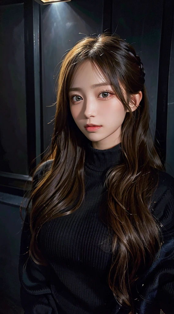 Highest quality, masterpiece, Ultra-high resolution, (Realistic:1.4), RAW Photos, One girl, Long Hair, Golden Hair, Detailed eyes and face, Black sweater, Dynamic Lighting, In the Dark, Deep Shadow, Modest, Cowboy Shot
