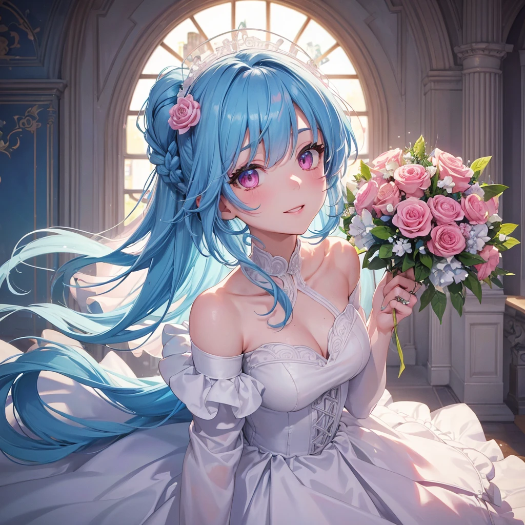 Sky blue hair, (Braided Ponytail),(Pink Eyes),Fair skin ,(whole body),(One girl),bride,A big smile,Straight bangs, 6月のbride,Wedding dress,(masterpiece, Highest quality, Very detailed, Best Shadow), (Detailed Background), (Beautifully detailed face), High Contrast, (Best lighting, Very delicate and beautiful), ((Cinematic Light)), colorful, Hyper Detail, Dramatic Light, Intricate details,Chapel background,A bouquet of roses in the right hand,Ring on left ring finger,