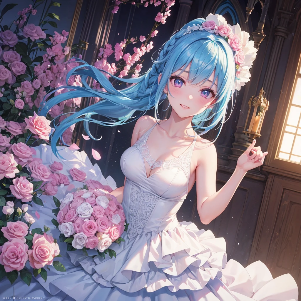 Sky blue hair, (Braided Ponytail),(Pink Eyes),Fair skin ,(whole body),(One girl),bride,A big smile,Straight bangs, 6月のbride,Wedding dress,(masterpiece, Highest quality, Very detailed, Best Shadow), (Detailed Background), (Beautifully detailed face), High Contrast, (Best lighting, Very delicate and beautiful), ((Cinematic Light)), colorful, Hyper Detail, Dramatic Light, Intricate details,Chapel background,A bouquet of roses in the right hand,Ring on left ring finger,